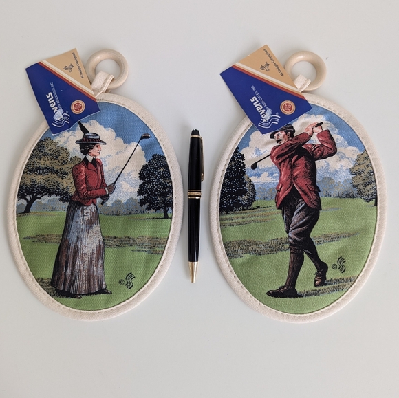 STEVENS LINEN Old World Golfer Couple Pot Holder/Hot Pad SET Golf Gentleman Lady - Picture 7 of 7